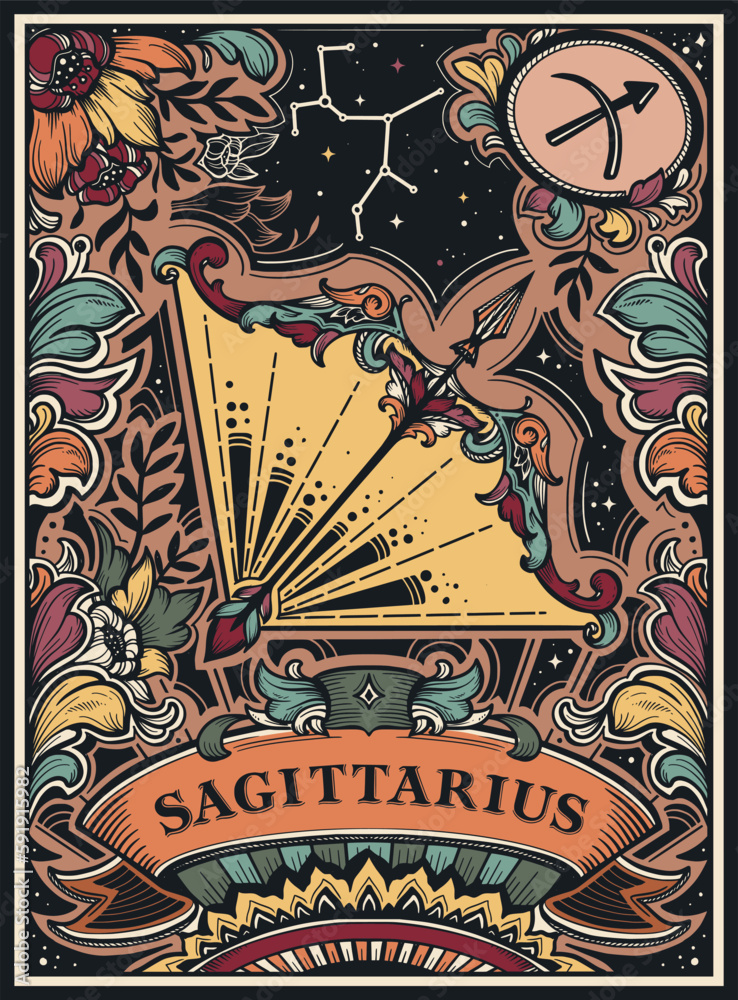 Beautiful colorful pre-made card with Sagittarius zodiac sign illustration and flowers in ornate victorian style.