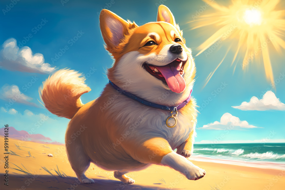 Φωτογραφία Happy Welsh Corgi dog running on a sand beach in a sunny summer day