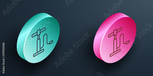 Isometric line Car air pump icon isolated on black background. Turquoise and pink circle button. Vector
