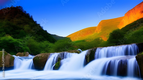 Landscape AI-Generated illustration - waterfall, forest, mountains.