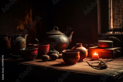 Traditional Chinese tea setup  including a teapot  teacups  and a tray with tea leaves and utensils  representing the beauty and elegance of Chinese tea culture. Ai generated