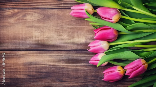 Wooden background with tulip border. Generative AI