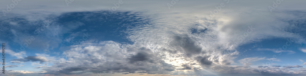 evening sky with cumulus clouds as seamless hdri 360 panorama with zenith in spherical equirectangular projection may use for sky dome replacement in 3d graphics,  game development and edit drone shot