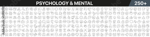 Psychology and mental linear icons collection. Big set of more 250 thin line icons in black. Psychology and mental black icons. Vector illustration © stas111