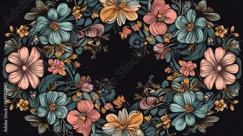 flower frame on black background  AI generated