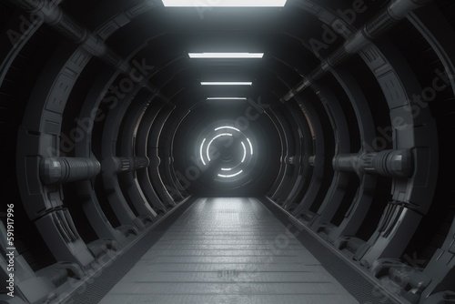 Futuristic Sci-Fi Tunnel with Neon Lights and Reflective Floors generative ai illustration