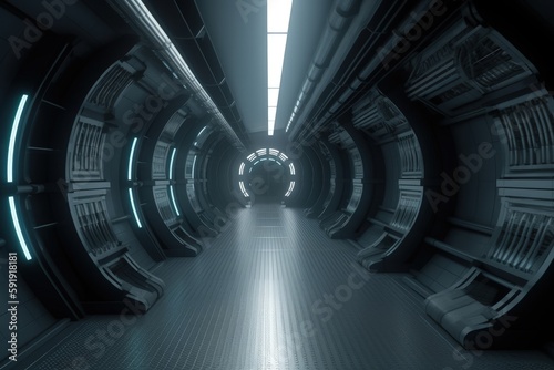 Futuristic Sci-Fi Tunnel with Neon Lights and Reflective Floors generative ai illustration