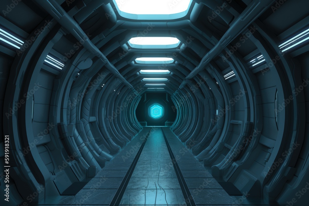 Futuristic Sci-Fi Tunnel with Neon Lights and Reflective Floors generative ai illustration Futuristic Sci-Fi Tunnel with Neon Lights and Reflective Floors generative ai illustration