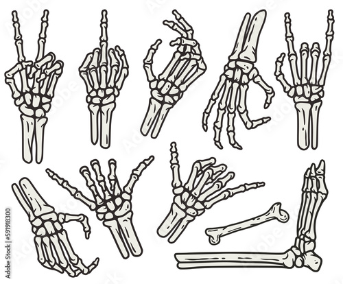 Skeleton hand gesture set with bone and leg for halloween design. Hand bones gesture collection or vector graphic elements for tattoo.
