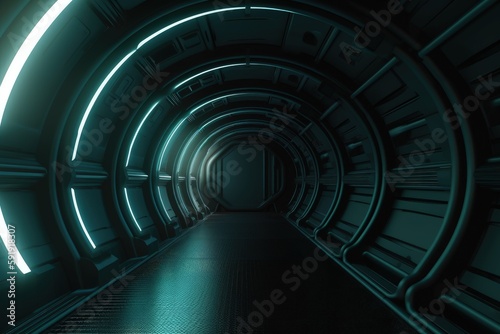 Futuristic Sci-Fi Tunnel with Neon Lights and Reflective Floors generative ai illustration