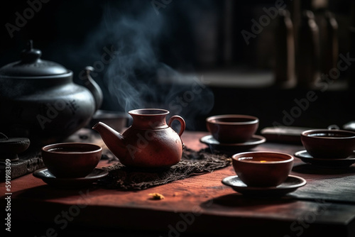 Traditional Chinese tea setup, including a teapot, teacups, and a tray with tea leaves and utensils, representing the beauty and elegance of Chinese tea culture. Ai generated