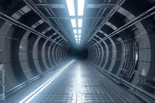 Futuristic Sci-Fi Tunnel with Neon Lights and Reflective Floors generative ai illustration