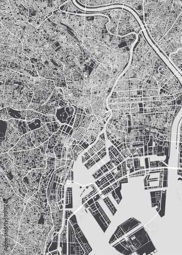 City map Tokyo, monochrome detailed plan, vector illustration