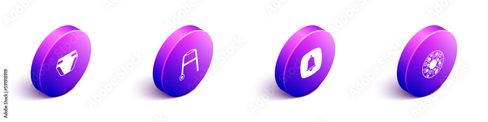 Set Isometric Adult diaper, Walker, Emergency phone call and Vitamin pill icon. Vector Set Isometric Adult diaper, Walker, Emergency phone call and Vitamin pill icon. Vector