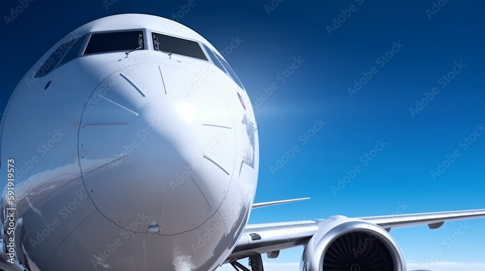Commercial airplane flies high in blue sky. Adventure and travel concept. Close-up. Generative AI. High quality illustration