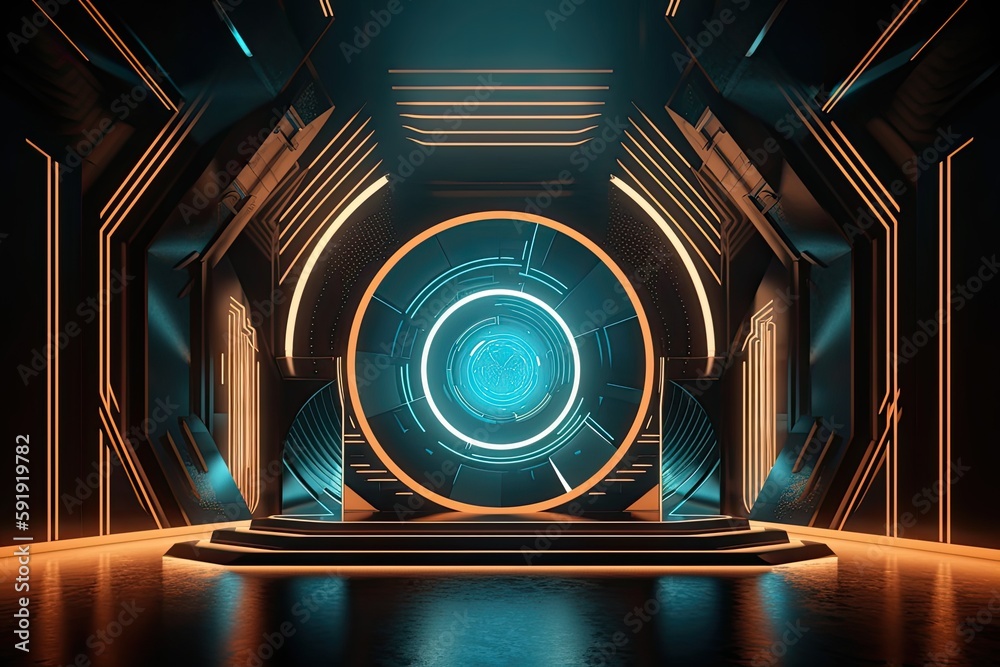 futuristic stage with neon lighting in the background. Generative Ai