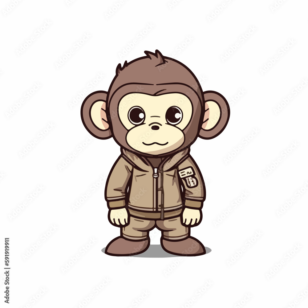 Mascot cartoon of cute smile hipster monkey wearing jacket hoodie. 2d character vector illustration in isolated background Mascot cartoon of cute smile hipster monkey wearing jacket hoodie. 2d character vector illustration in isolated background