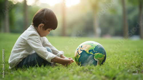Child playing with Earth Planet ball toy in grass, Earth Day concept