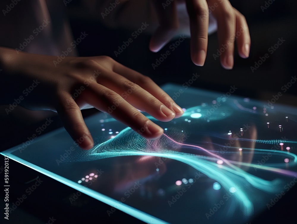 Hands Interacting with Transparent Tablet with Digital Data Streams Hands Interacting with Transparent Tablet with Digital Data Streams