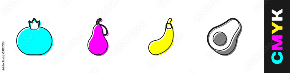 Fototapeta premium Set Tomato, Pear, Eggplant and Avocado fruit icon. Vector