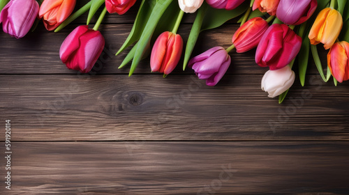 Wooden background with tulip border. Generative AI