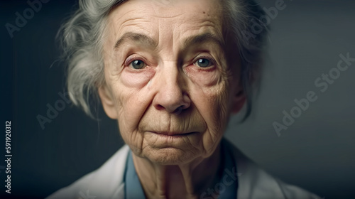 Portrait of old woman, Close-up. Elderly female with wrinkles looks at camera. Generative AI. High quality illustration