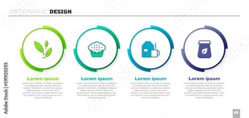 Set Tea leaf, Muffin, Cup of tea with milk and packaging. Business infographic template. Vector