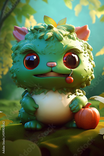 Tuatara Character With Fluffy Hair Holding Fruits In Lush Green Garden Background Generative Ai Digital Illustration Part 120423 © Cool Patterns
