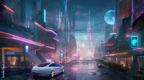 Illustration of a futuristic cyberpunk night city and Sci-fi vision of futuristic cyberpunk city neon night life. AI generated illustration. © Czintos Ödön