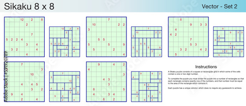 5 Sikaku 8 x 8 Puzzles. A set of scalable puzzles for kids and adults, which are ready for web use or to be compiled into a standard or large print activity book.