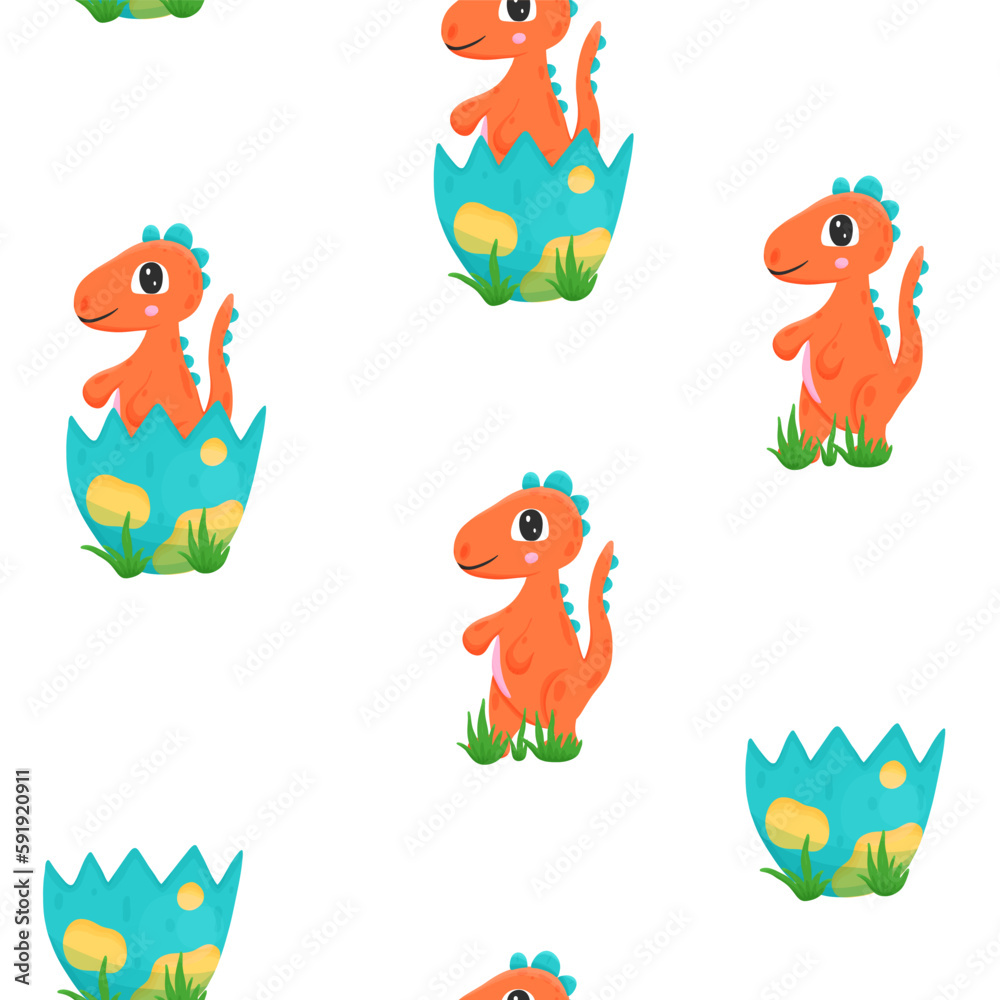 Fototapeta premium Seamless pattern with newborn orange dinosaur in cartoon style