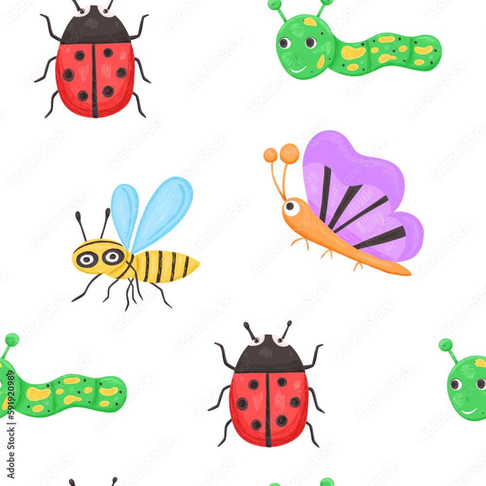 Kids seamless pattern with cute ladybug and bee in cartoon style Kids seamless pattern with cute ladybug and bee in cartoon style