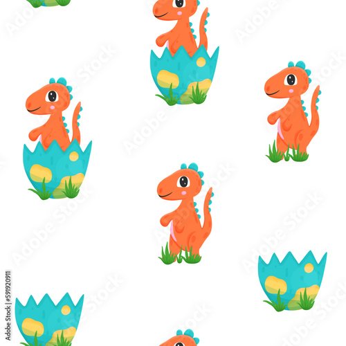 Seamless pattern with newborn orange dinosaur in cartoon style