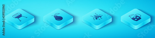 Set Isometric Barbecue grill, Pear, Jug glass with water and Mosquito icon. Vector
