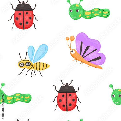 Kids seamless pattern with cute ladybug and bee in cartoon style © Yulia Zelinskaya