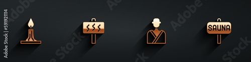 Set Burning candle, Sauna, Man the sauna and icon with long shadow. Vector