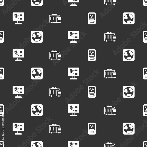 Set Seismograph, Earth globe, Soil analysis and Mining dump truck on seamless pattern. Vector