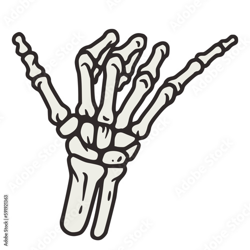 Shaka skeleton hand sign for halloween or Hawaii design. Hand bones gesture for surfing. Vector graphic element for tattoo of surfer and hawaiian.