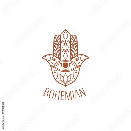 Logo hamsa for the studio of yoga and spiritual practices. Hamsa icon symbolizing protection and amulet.