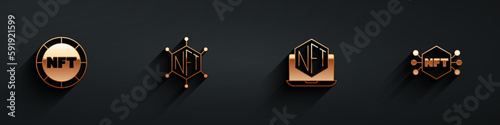 Set NFT Digital crypto art, blockchain technology, Laptop with store app and icon with long shadow. Vector