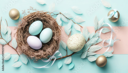 Colorful Easter eggs with nest on blue background. Stylish tender spring template with space for text. Flat lay. Greeting card or banner. Ai generated