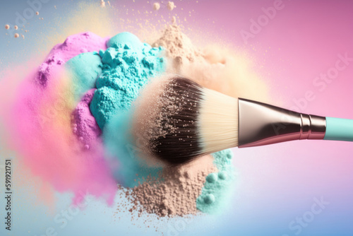 Makeup brush with colored powder foundation on pastel pink background. Ai generated