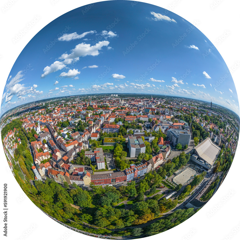 Augsburg, rund um das Wertachbruckertor im Sommer, Little Planet-Ansicht, freigestellt