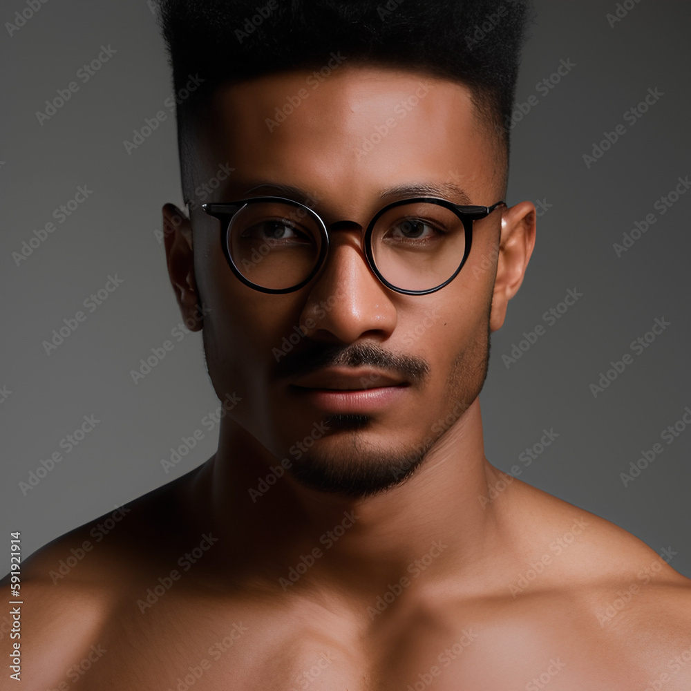 The face of a dark-skinned man with glasses. Generative AI The face of a dark-skinned man with glasses. Generative AI