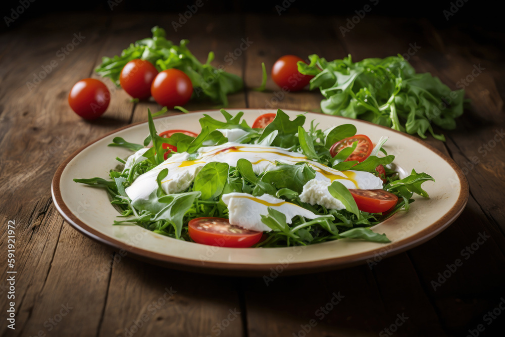Fresh vegetable salad with feta cheese, tomatoes, arugula, lettuce on wooden table. Healthy food. Ai generated