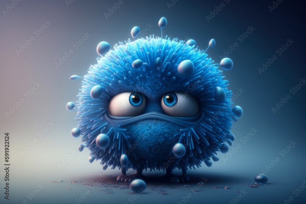 Fantasy illustration of blue corona virus character with sad face. Generative AI