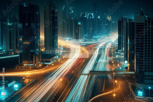 Metropolis at night, featuring skyscrapers, crossroads, and trails of lights. This illustration captures the dynamic energy and vibrancy of city life. Ai generated