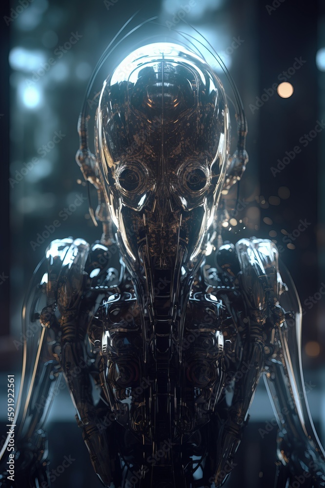 Alien cybernetic life form, in white glossy material and transparent reflective glass, with intricate parts, Generative Ai. Alien cybernetic life form, in white glossy material and transparent reflective glass, with intricate parts, Generative Ai.