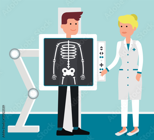 Female doctor do medical examination and consulting patient during chest x ray procedure. Woman doctor examining body by x-ray machine scanning. Vector flat style cartoon illustration