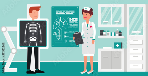 Female doctor do medical examination and consulting patient in x-ray room. Woman doctor in white uniform examining body by x-ray machine scanning. Vector flat style cartoon illustration photo
